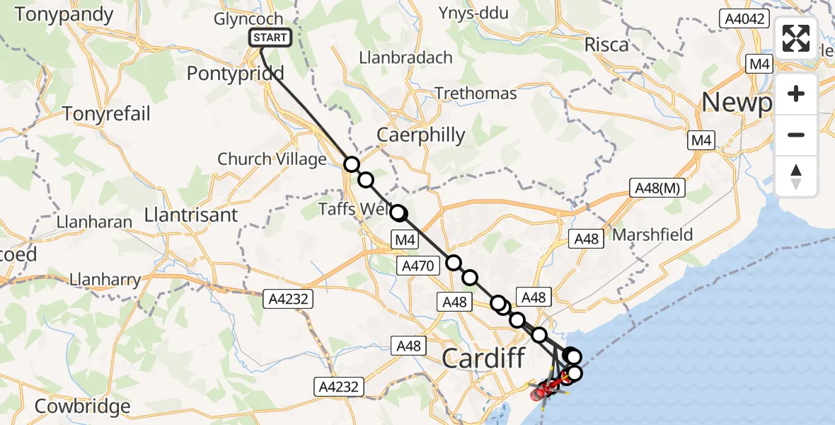Flight route Air Ambulance Helicopter Pontypridd - Cardiff Heliport, 18 August 2026, 17:40