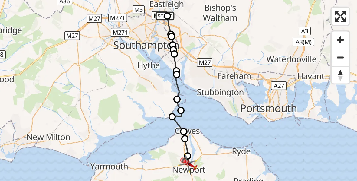Flight route Air Ambulance Helicopter Southampton Airport - Newport, 18 August 2026, 17:42