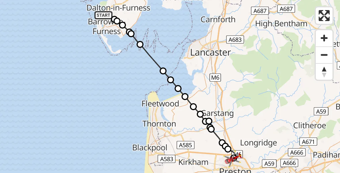 Flight route Air Ambulance Helicopter Ormsgill - Royal Preston, 18 August 2026, 17:49