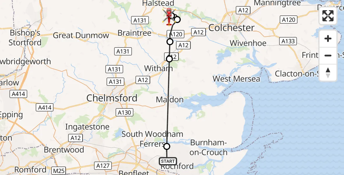 Flight route Air Ambulance Helicopter Rochford - Earls Colne Airfield, 18 August 2026, 17:52