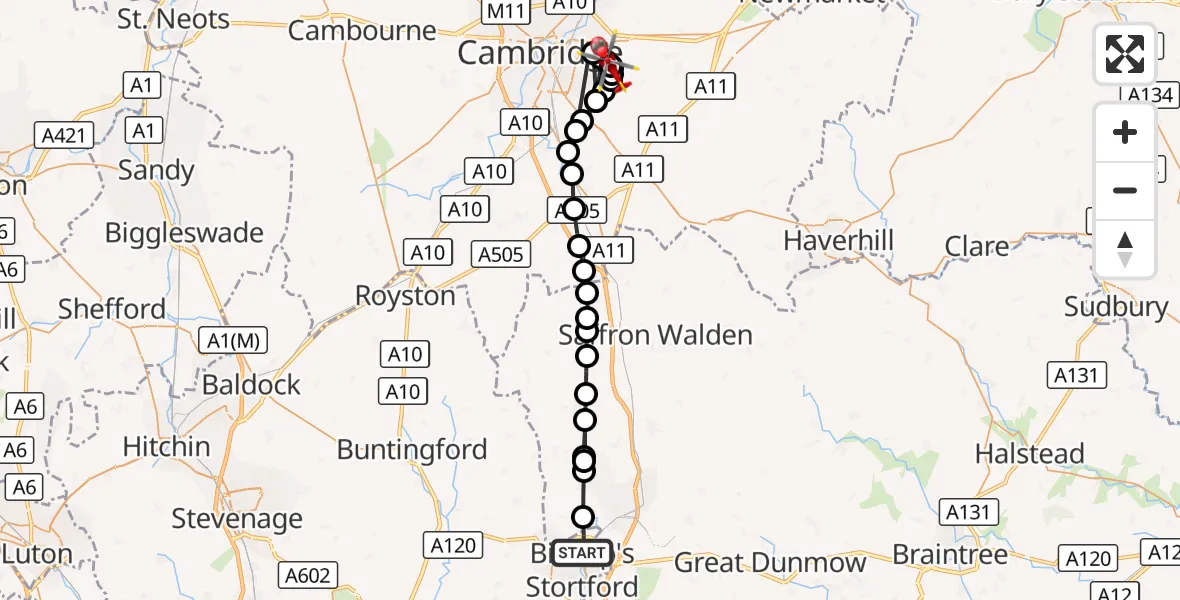 Flight route Air Ambulance Helicopter Bishop's Stortford - Teversham, 18 August 2026, 17:58