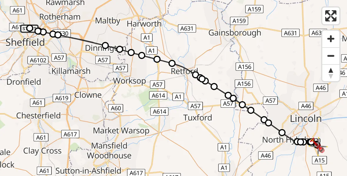 Flight route Air Ambulance Helicopter Sheffield Northern Hospital - North Kesteven, 18 August 2026, 17:59