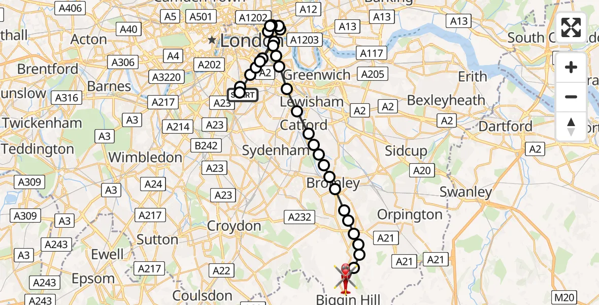 Flight route Air Ambulance Helicopter Kings College London Hospital - London Biggin Hill Airport, 18 August 2026, 18:34
