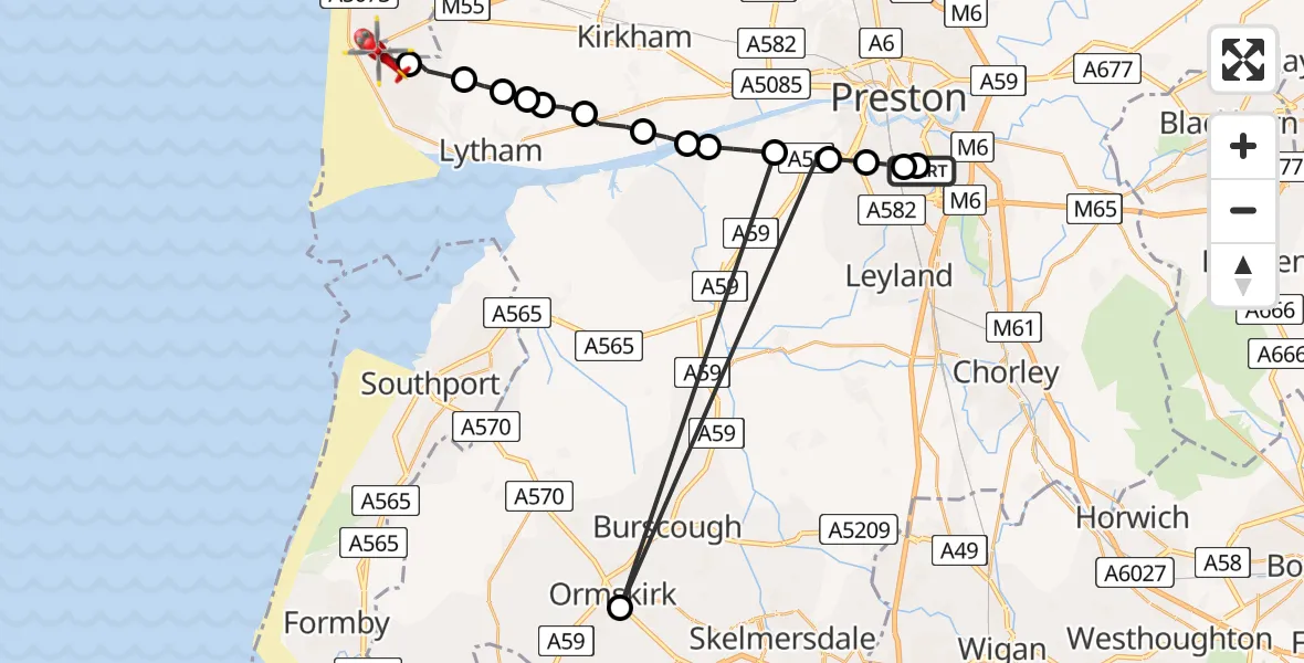 Flight route Air Ambulance Helicopter Lostock Hall - Blackpool Airport, 18 August 2026, 18:34
