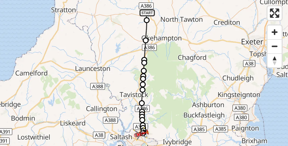 Flight route Air Ambulance Helicopter Hatherleigh - Estover, 18 August 2026, 18:36