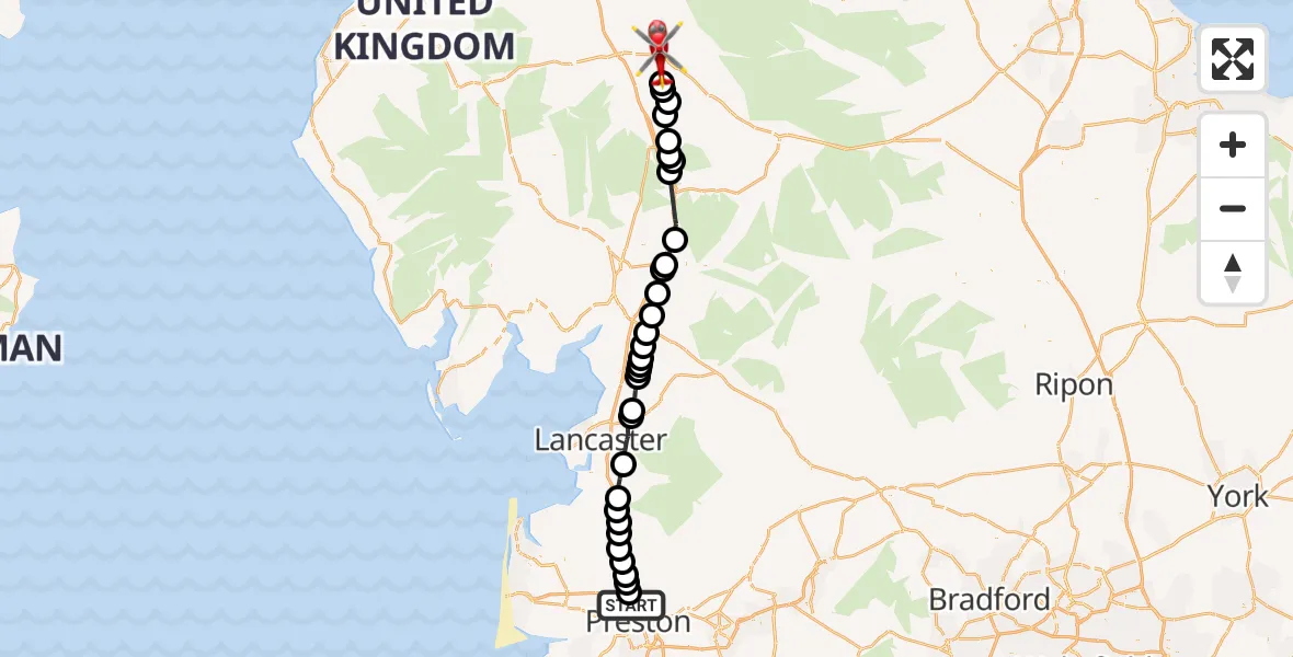Flight route Air Ambulance Helicopter Preston - Brougham, 18 August 2026, 18:45