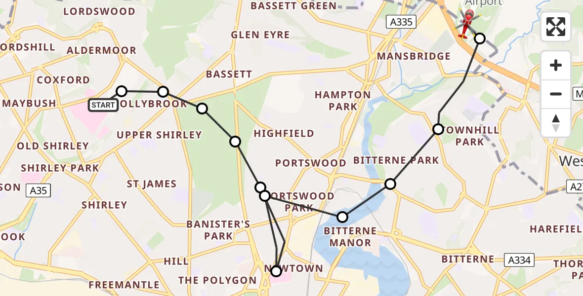 Flight route Air Ambulance Helicopter University Hospital Southampton - Southampton Airport, 18 August 2026, 18:52