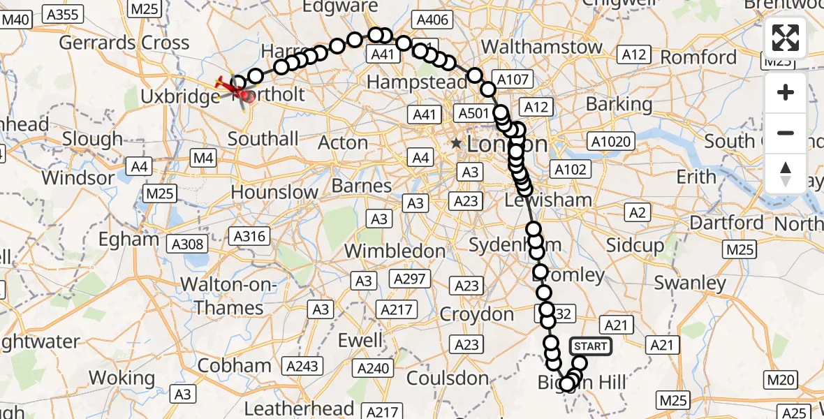 Flight route Air Ambulance Helicopter Farthing Street - RAF Northolt, 18 August 2026, 18:59