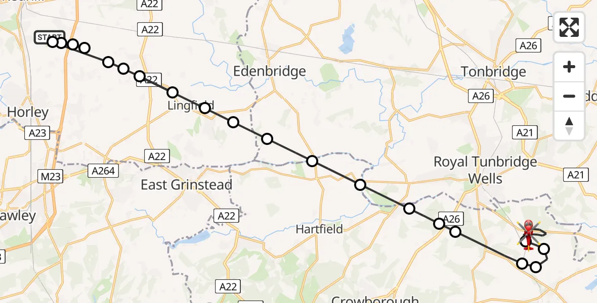 Flight route Air Ambulance Helicopter Redhill Aerodrome - Bells Yew Green, 18 August 2026, 19:01