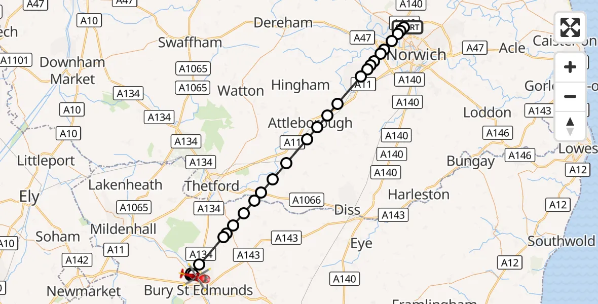 Flight route Air Ambulance Helicopter Norwich Airport - Fornham All Saints, 18 August 2026, 19:07