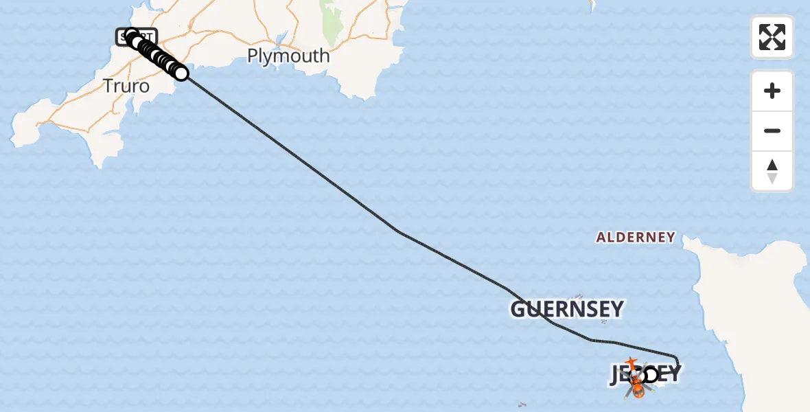 Flight route Coastguard Helicopter Cornwall Airport Newquay - Jersey Airport, 18 August 2026, 19:08