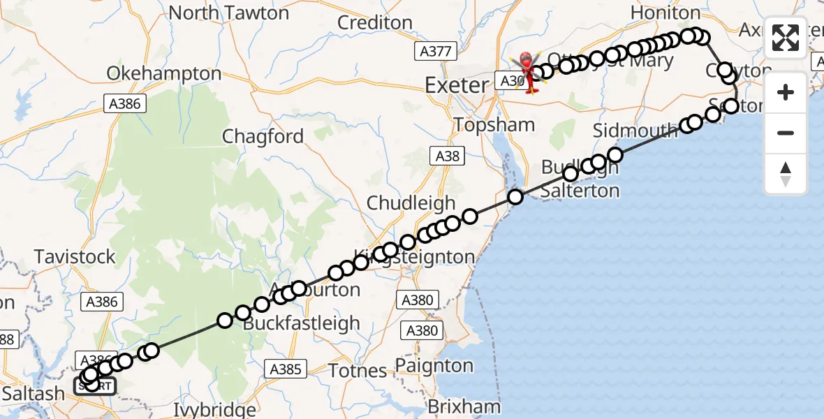 Flight route Air Ambulance Helicopter Derriford Hospital - Exeter International Airport, 18 August 2026, 19:21