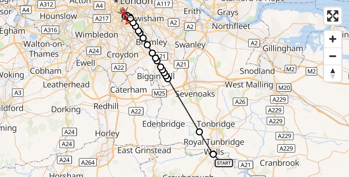 Flight route Air Ambulance Helicopter Bells Yew Green - Kings College London Hospital, 18 August 2026, 20:05
