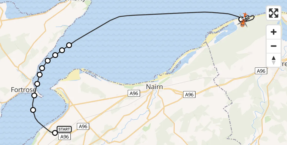 Flight route Coastguard Helicopter Inverness Airport - Buckie Loch, 18 August 2026, 20:28