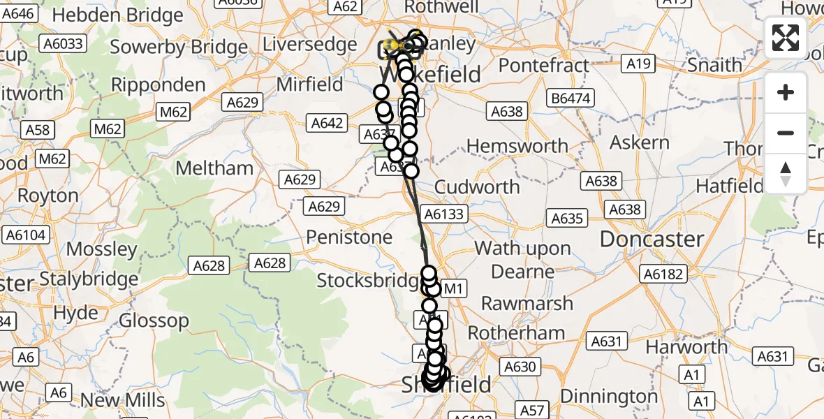 Flight route Police Helicopter East Ardsley - East Ardsley, 18 August 2026, 20:34