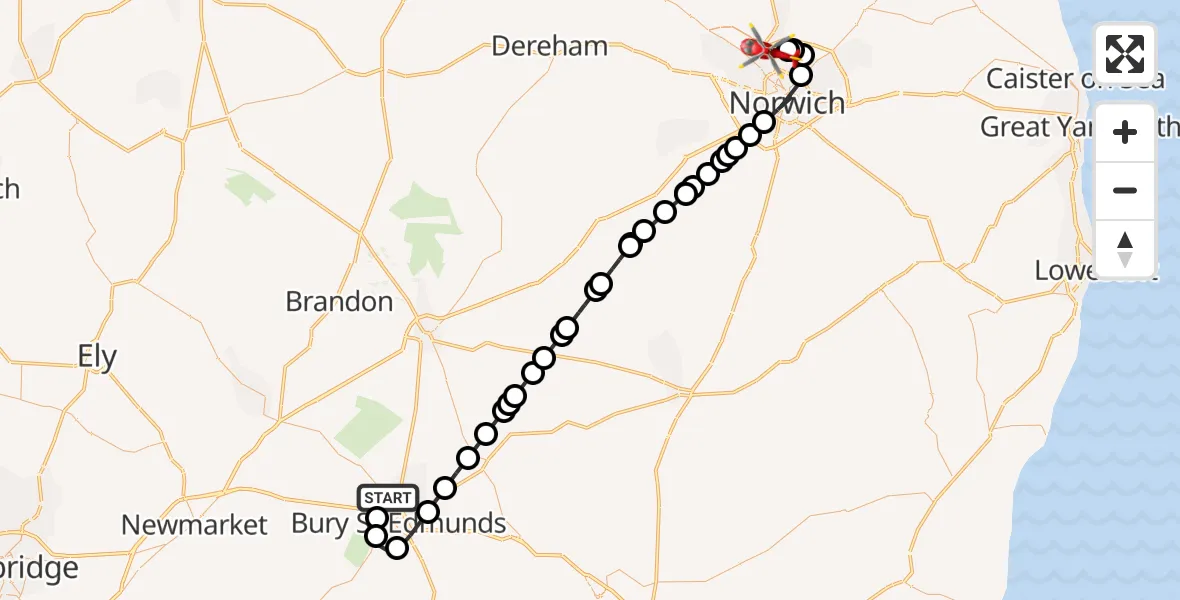Flight route Air Ambulance Helicopter Fornham All Saints - Norwich Airport, 18 August 2026, 20:52