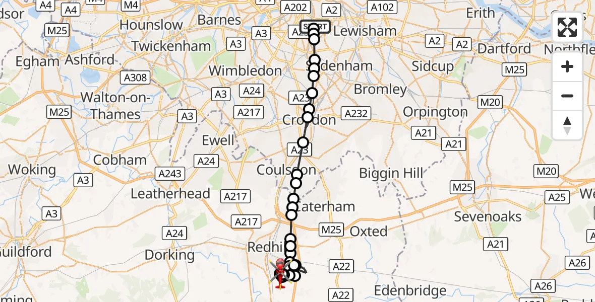 Flight route Air Ambulance Helicopter Kings College London Hospital - Salfords, 18 August 2026, 21:05