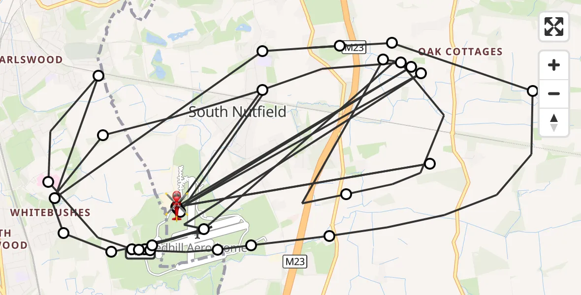 Flight route Air Ambulance Helicopter Redhill Aerodrome - Redhill Aerodrome, 18 August 2026, 21:29