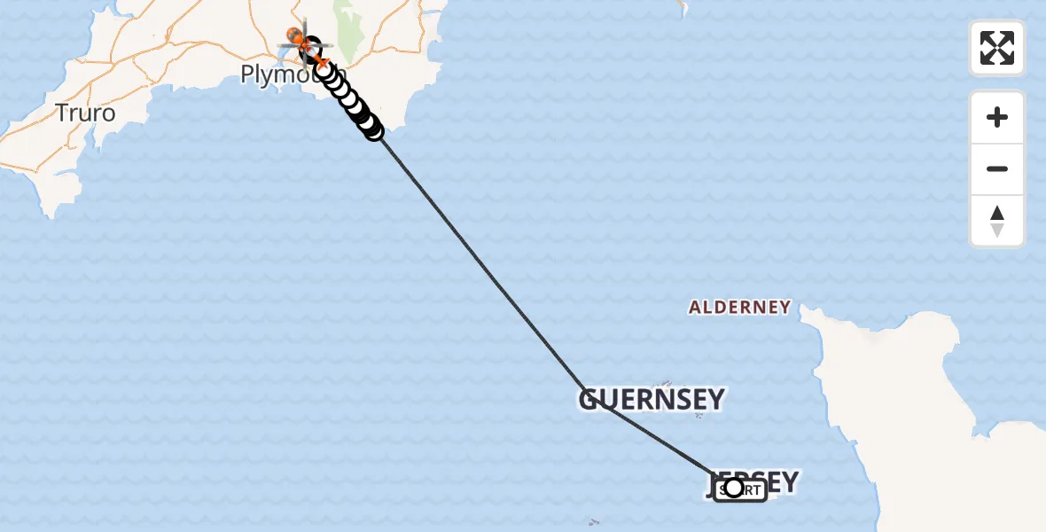 Flight route Coastguard Helicopter Jersey Airport - Bickleigh, 18 August 2026, 21:45