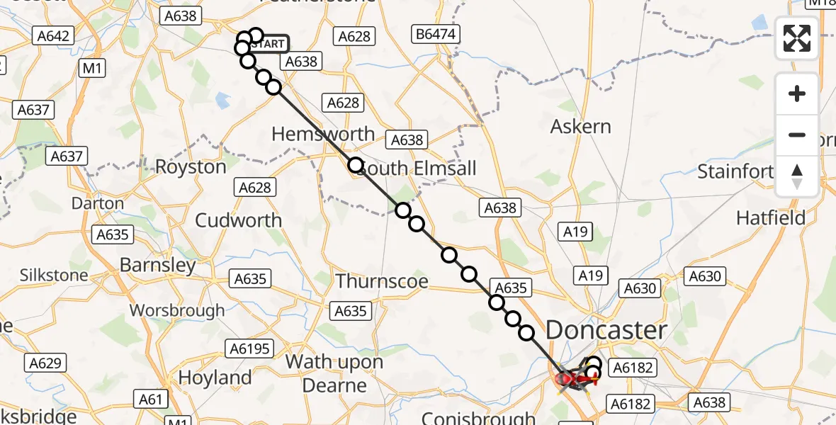 Flight route Air Ambulance Helicopter YAA Nostell Helicopter Port - Balby, 18 August 2026, 22:25