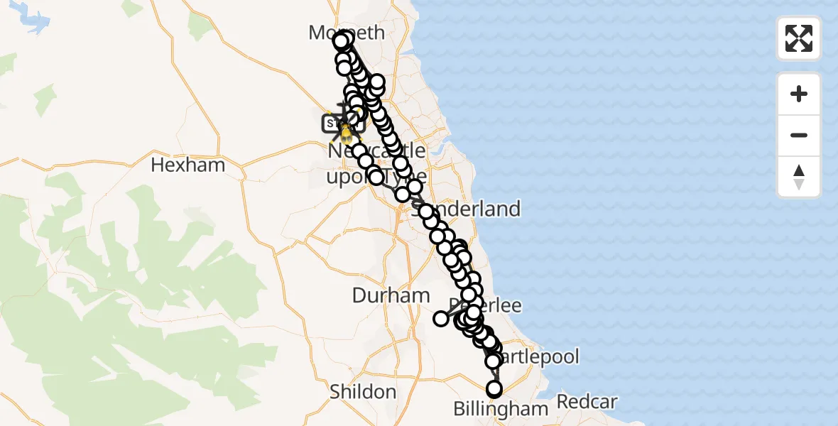 Flight route Police Helicopter Newcastle International Airport - Newcastle International Airport, 18 August 2026, 22:32