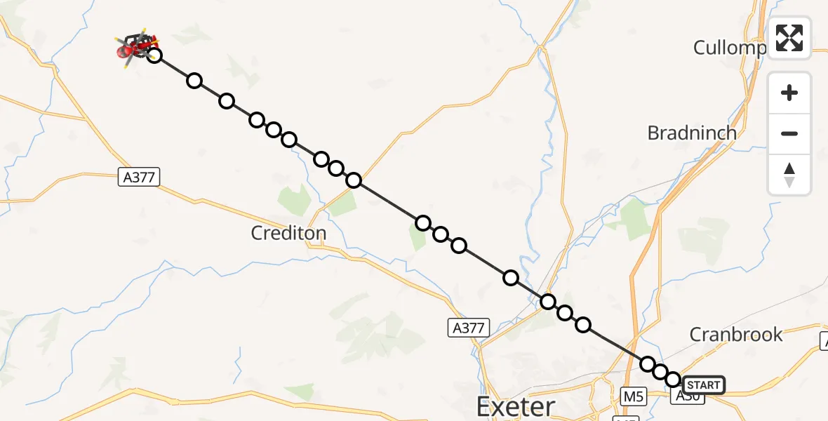 Flight route Air Ambulance Helicopter Exeter International Airport - Morchard Bishop, 18 August 2026, 22:34