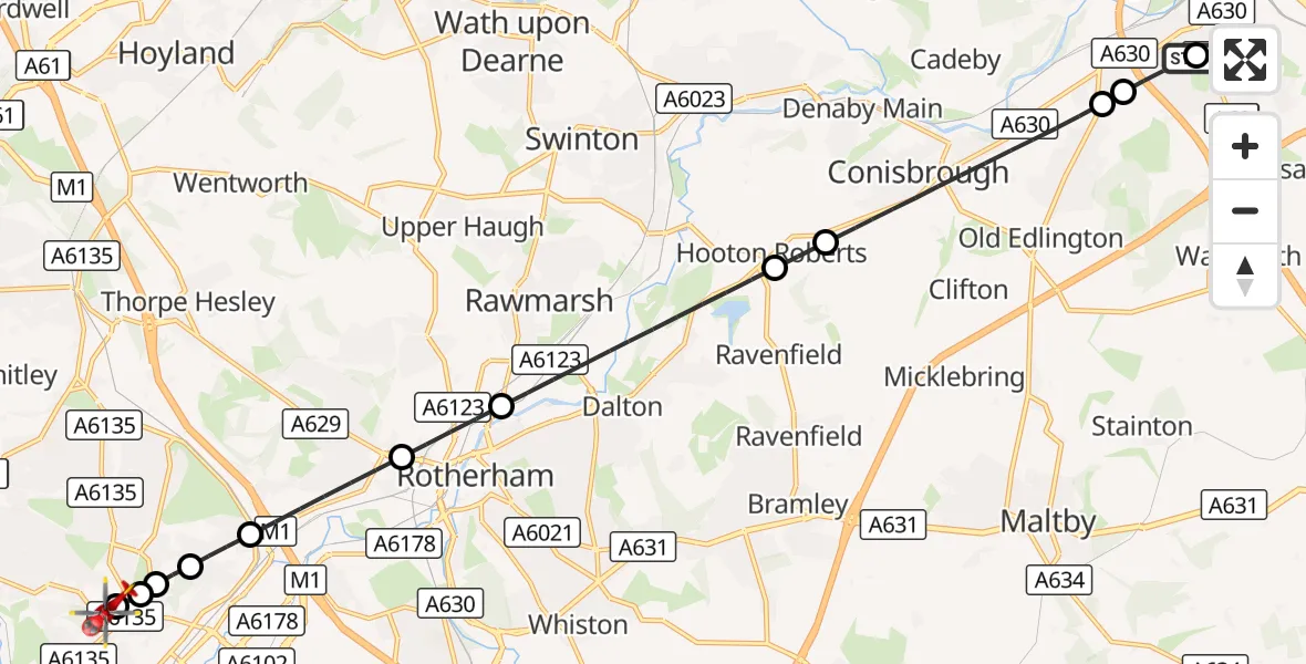 Flight route Air Ambulance Helicopter Balby - Sheffield Northern Hospital, 18 August 2026, 22:56
