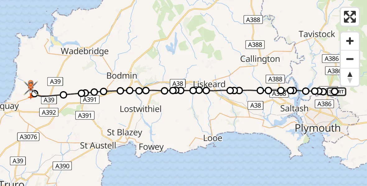 Flight route Coastguard Helicopter Bickleigh - Cornwall Airport Newquay, 18 August 2026, 23:14