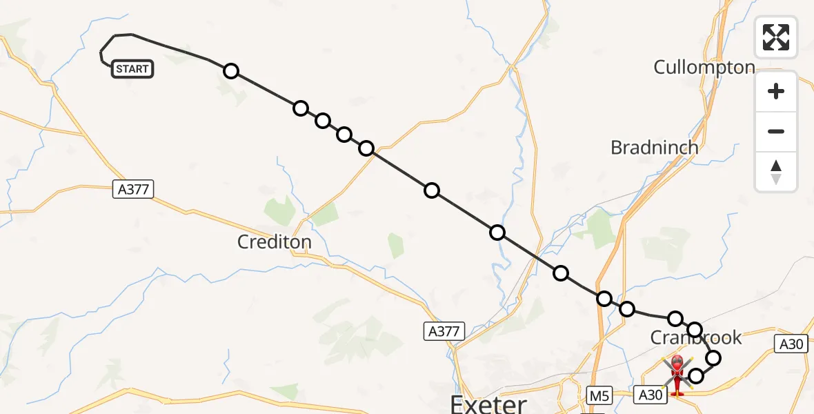 Flight route Air Ambulance Helicopter Morchard Bishop - Exeter International Airport, 18 August 2026, 23:31
