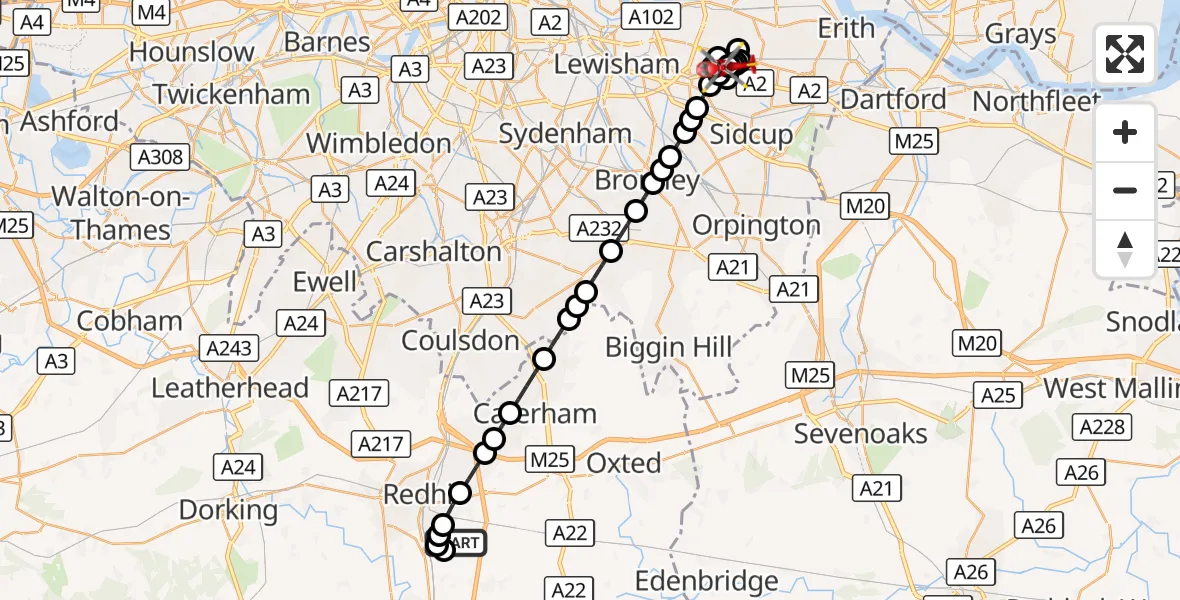 Flight route Air Ambulance Helicopter Redhill Aerodrome - Shooters Hill, 18 August 2026, 23:41