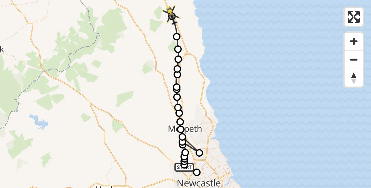 Flight route Police Helicopter Newcastle International Airport - Warenford, 18 August 2026, 23:51