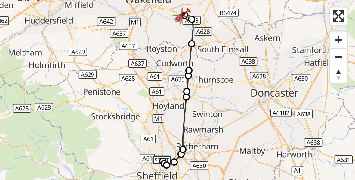 Flight route Air Ambulance Helicopter Sheffield Northern Hospital - YAA Nostell Helicopter Port, 19 August 2026, 00:15