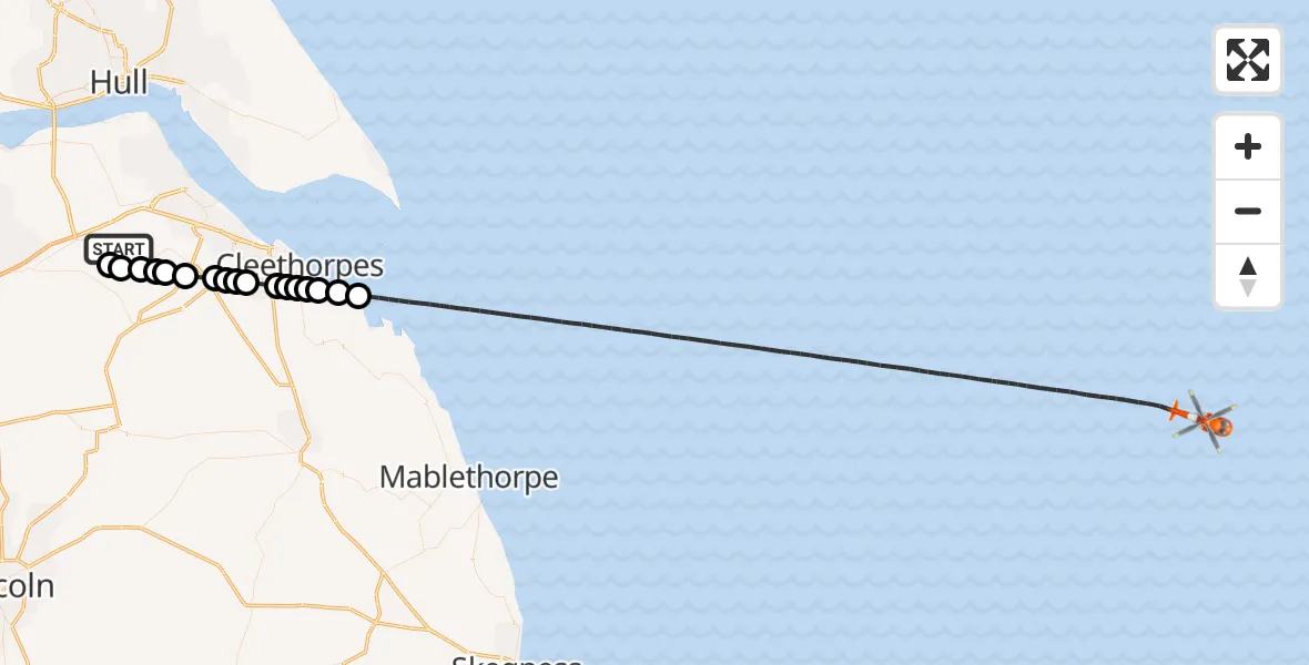 Flight route Coastguard Helicopter Humberside Airport - North Sea, 19 August 2026, 00:22