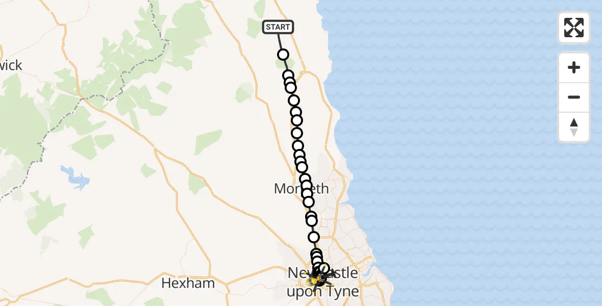 Flight route Police Helicopter Eglingham - Newcastle Royal Victoria Infirmary, 19 August 2026, 00:35