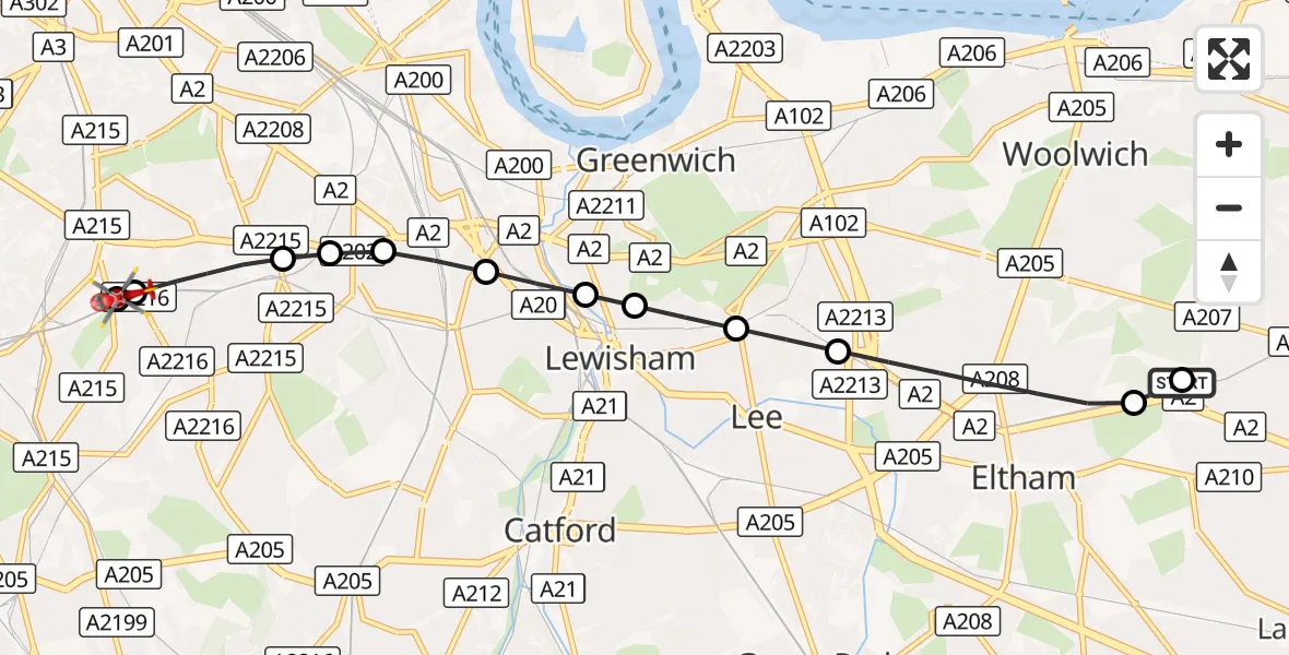 Flight route Air Ambulance Helicopter Avery Hill - Kings College London Hospital, 19 August 2026, 00:49