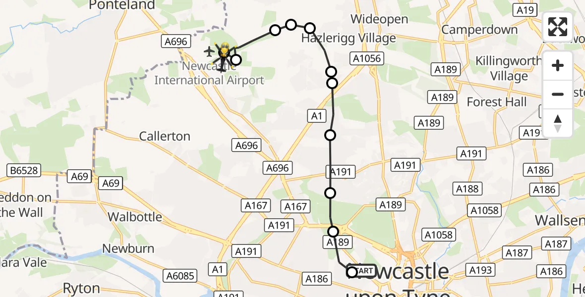Flight route Police Helicopter Arthur's Hill - Newcastle International Airport, 19 August 2026, 00:59
