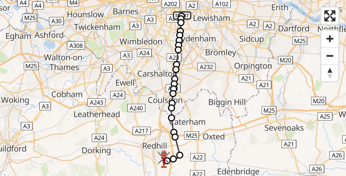 Flight route Air Ambulance Helicopter Kings College London Hospital - Redhill Aerodrome, 19 August 2026, 02:03