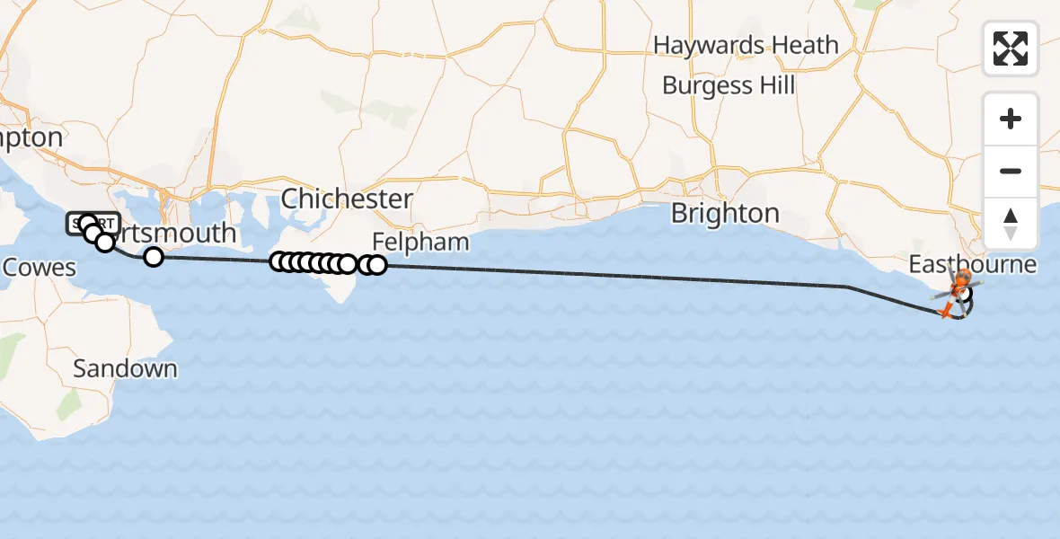 Flight route Coastguard Helicopter Solent Airport - Eastbourne, 19 August 2026, 02:47