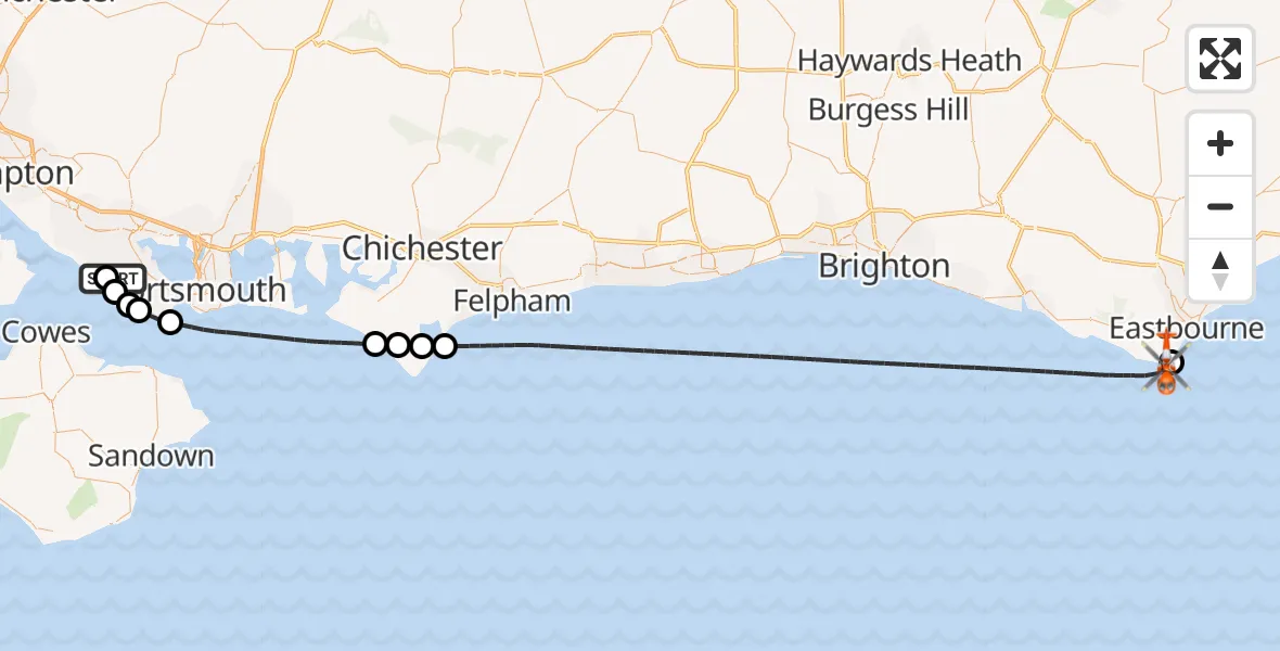 Flight route Coastguard Helicopter Solent Airport - Eastbourne, 19 August 2026, 05:18