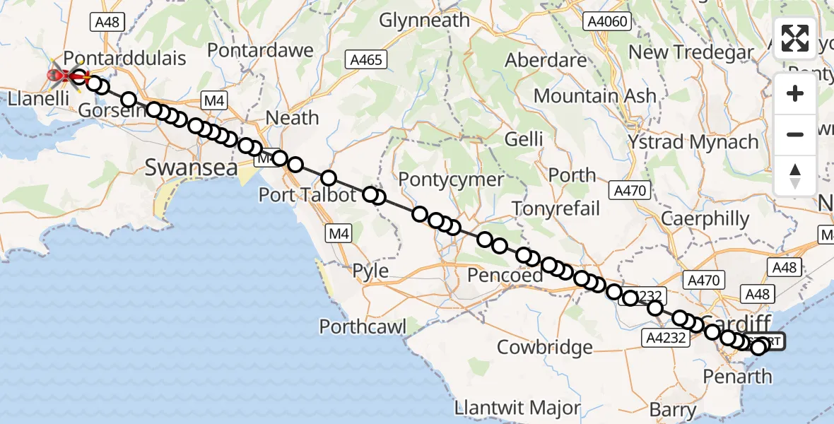 Flight route Air Ambulance Helicopter Cardiff Heliport - Dafen, 19 August 2026, 06:33