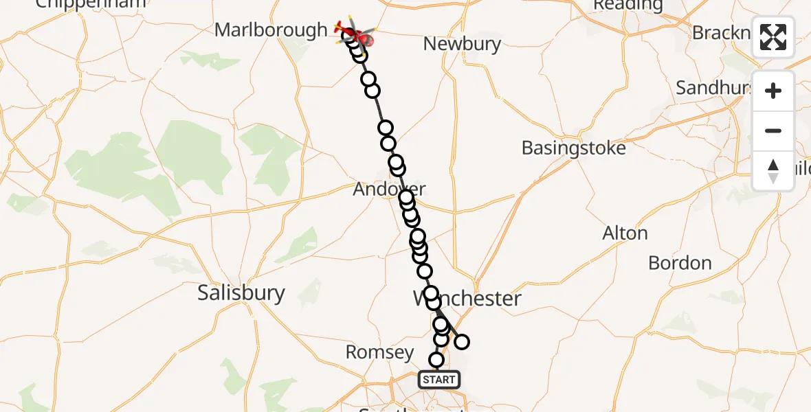 Flight route Air Ambulance Helicopter Eastleigh - Froxfield, 19 August 2026, 06:42