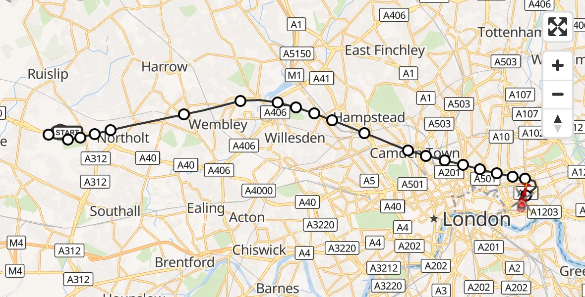 Flight route Air Ambulance Helicopter RAF Northolt - Royal London Hospital, 19 August 2026, 06:53