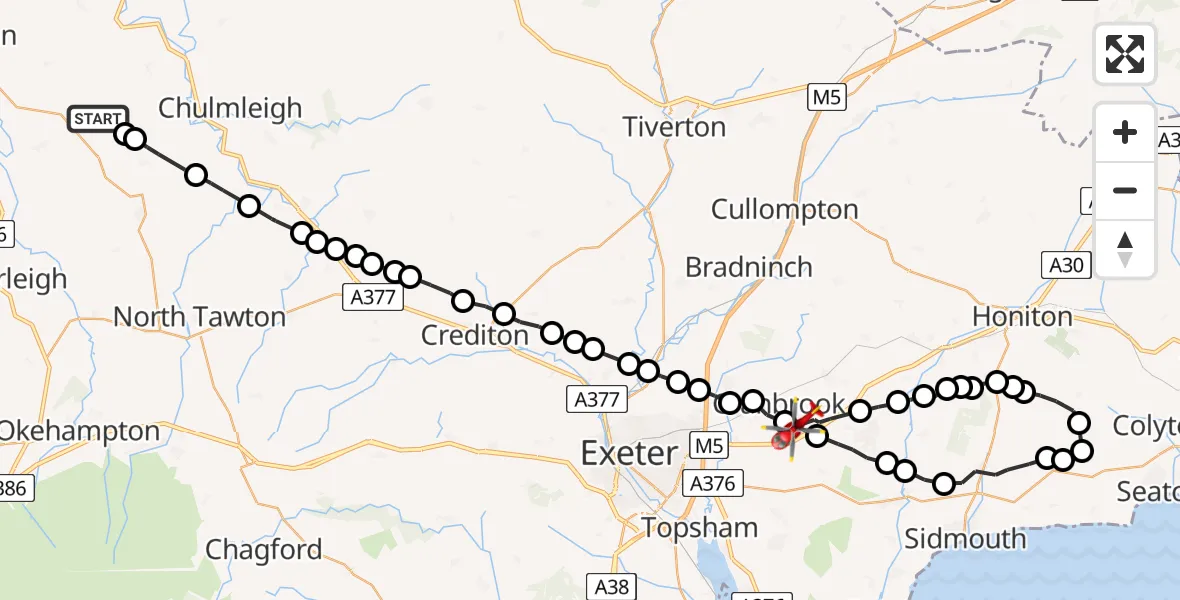 Flight route Air Ambulance Helicopter Riddlecombe - Rockbeare, 19 August 2026, 07:48