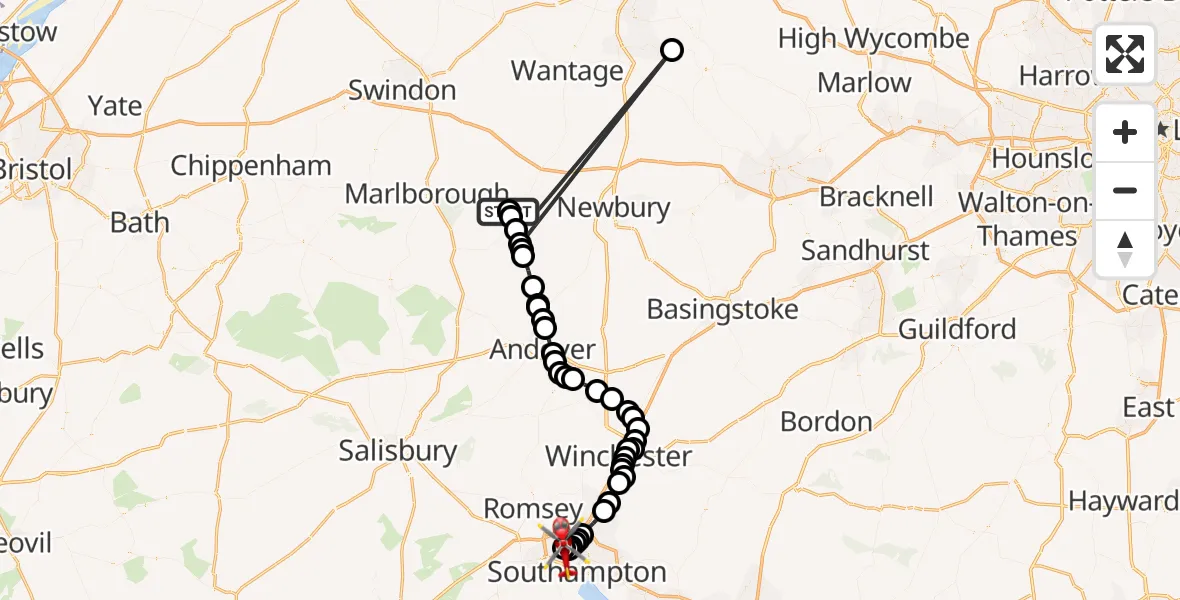 Flight route Air Ambulance Helicopter Hungerford - University Hospital Southampton, 19 August 2026, 07:52
