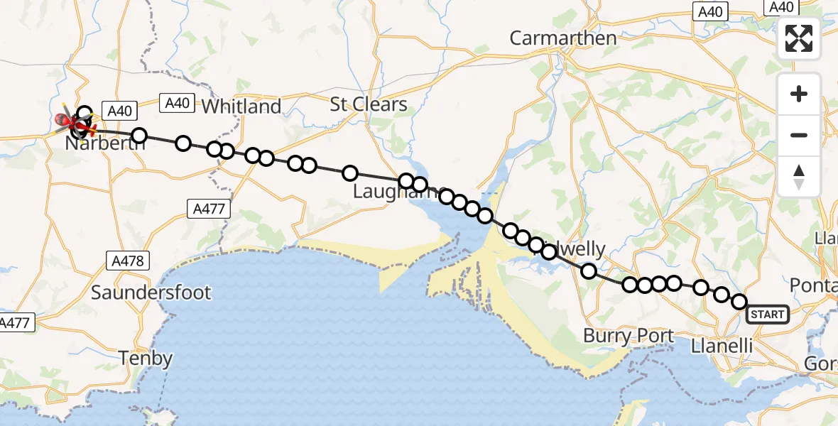 Flight route Air Ambulance Helicopter Dafen - Robeston Wathen, 19 August 2026, 08:35