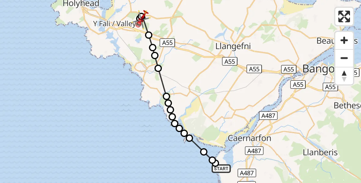 Flight route Air Ambulance Helicopter Caernarfon Airport - Bodedern, 19 August 2026, 08:46