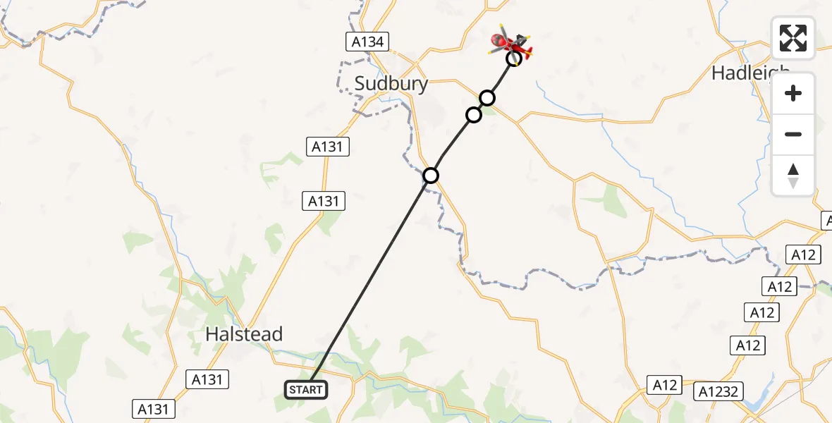 Flight route Air Ambulance Helicopter Braintree - Great Waldingfield, 19 August 2026, 09:10