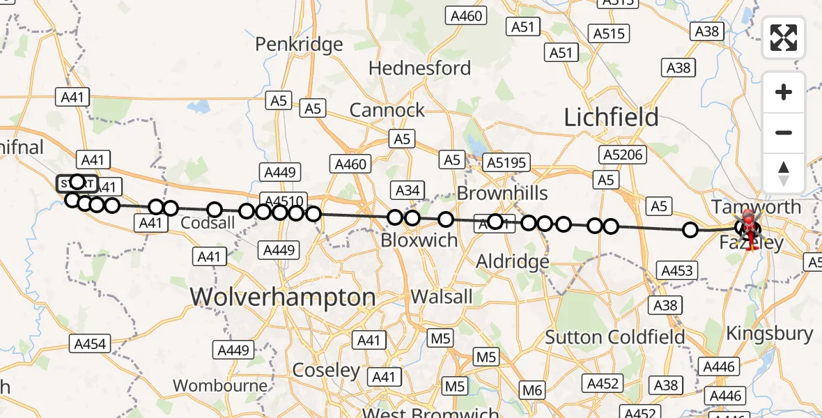 Flight route Air Ambulance Helicopter RAF Cosford - Fazeley, 19 August 2026, 09:15