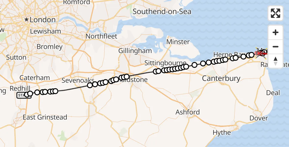Flight route Air Ambulance Helicopter Redhill Aerodrome - Westgate-on-Sea, 19 August 2026, 09:23