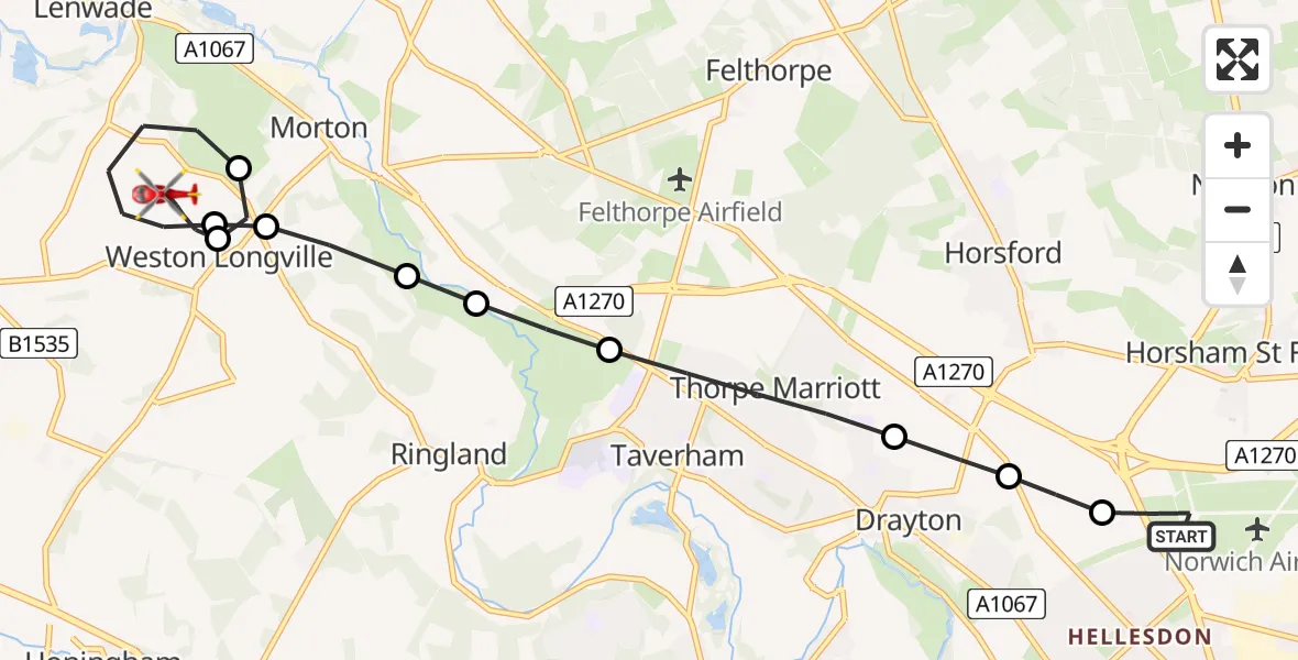 Flight route Air Ambulance Helicopter Norwich Airport - Weston Longville, 19 August 2026, 09:29